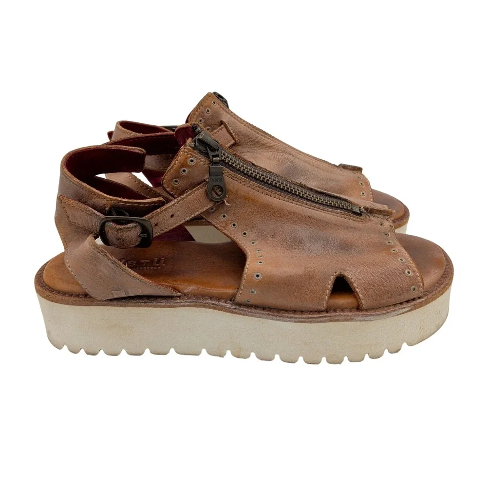 Bed Stu Clancy Tan Brown Leather Zip Platform Sandals Womens 6.5 Boho Distressed